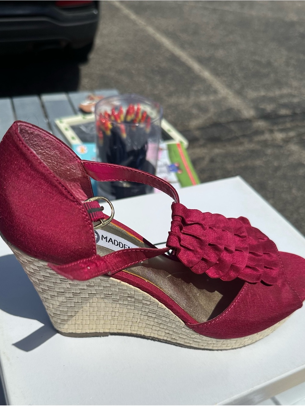 Steve Madden Burgundy Ruffle Wedge Sandals